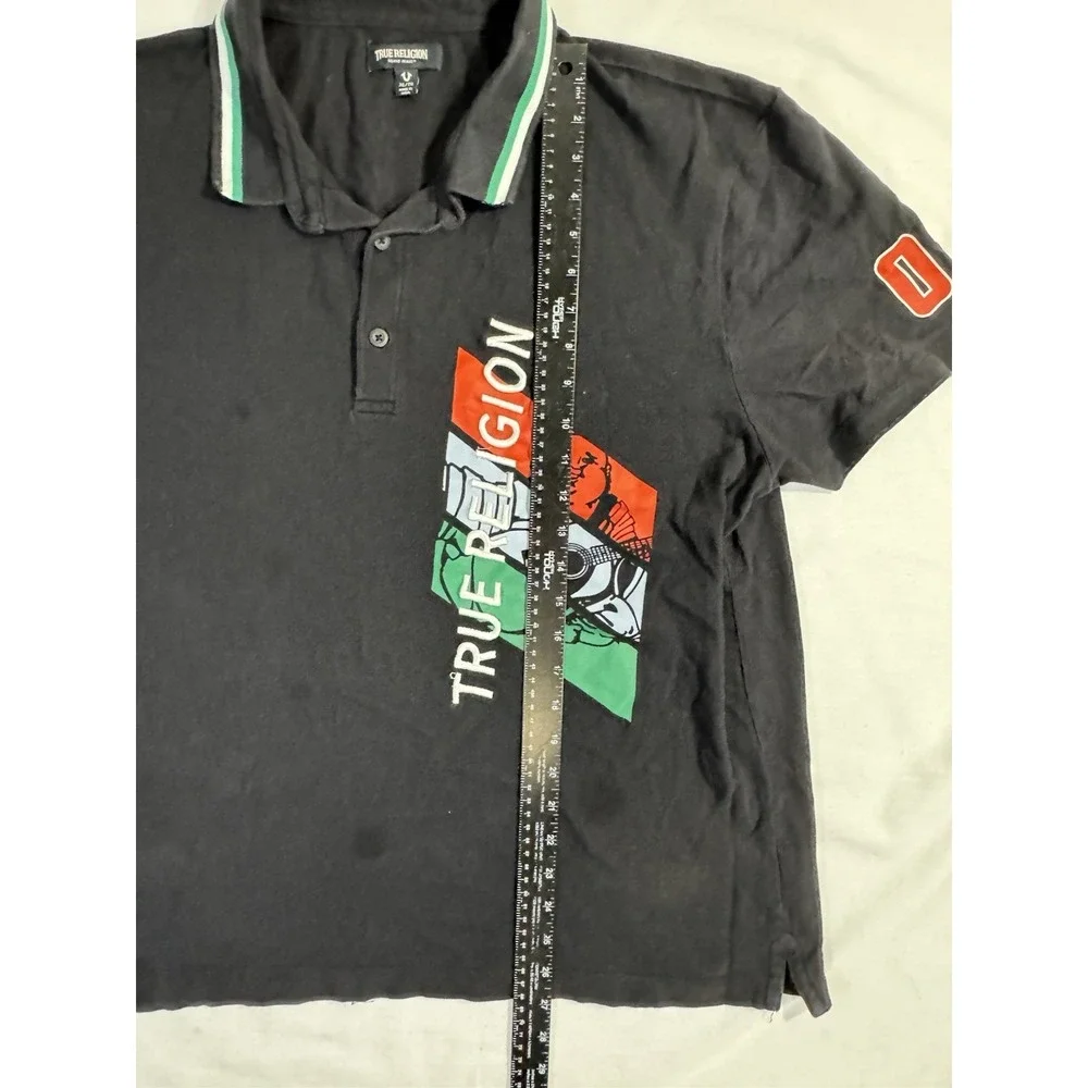 True Religion Men SZ XL Polo Sport Shirt Black Graphic Short Sleeve Logo